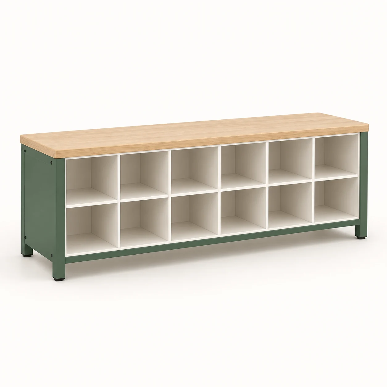 Twelve-cubby shoe bench design concept, not a photograph