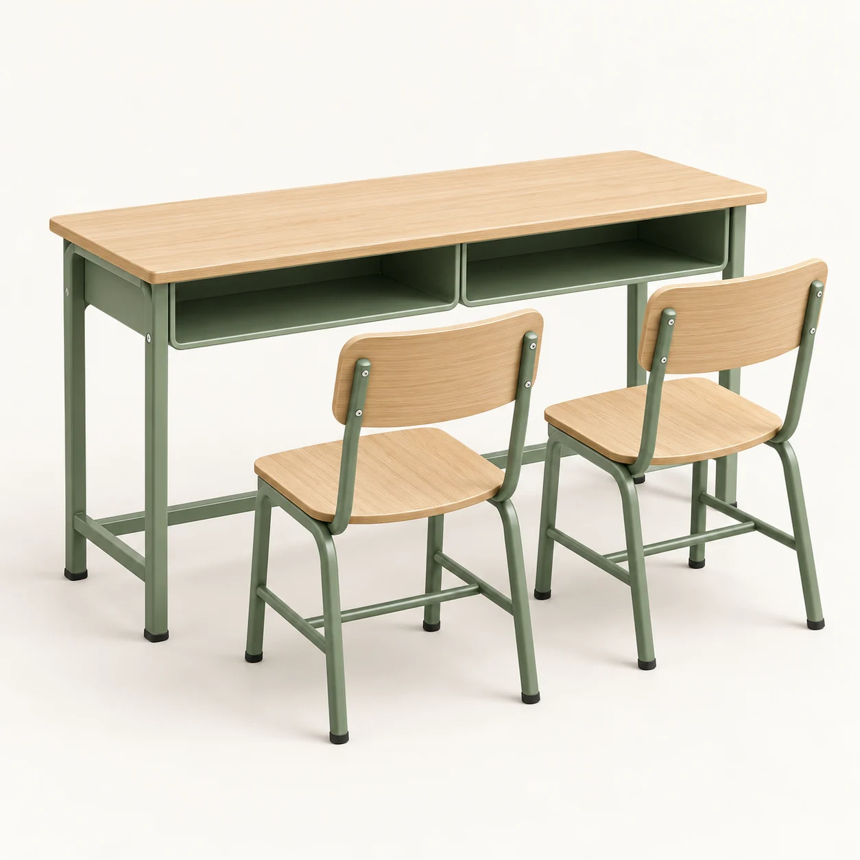 Two-student desk and chairs design concept, not a photograph